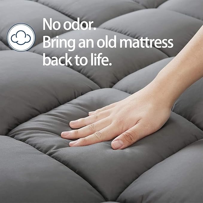 Mattress Topper King for Back Pain, Extra Thick Mattress Pad Cover, Plush Pillow Top, Deep Elastic Pocket, Grey