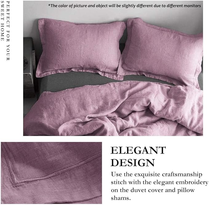 Simple&Opulence 100% Linen Duvet Cover Set with Embroidery Border Washed - 3 Pieces (1 Duvet Cover with 2 Pillow Shams) with Button Closure Soft Breathable Farmhouse - Purple, Queen Size