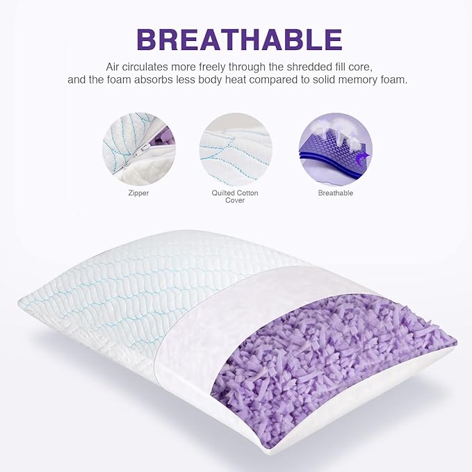 WISHSMILE Cooling Shredded Memory Foam Pillows for Sleeping Cool Cold Pillow Standard Size Set of 2 with Zipper, Adjustable Firmness to Hot, Side, Back and Stomach Sleepers, 2 Pack, 20x26
