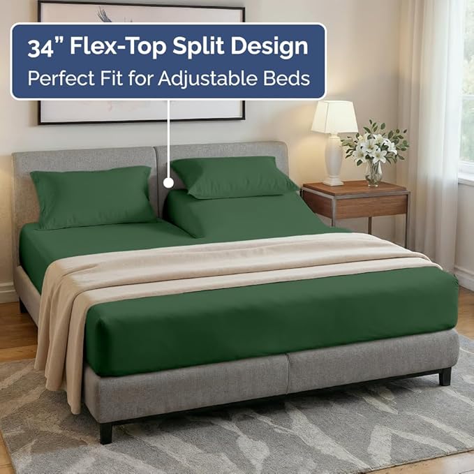 Flex Top Split Head King 4 Piece Sheet Set - Ultra-Soft, Breathable & Cooling Bed Sheets Set - Hotel Luxury Bedding for Women & Men with Deep Pockets - Wrinkle & Fade Free - Oeko-Tex - Emerald Green