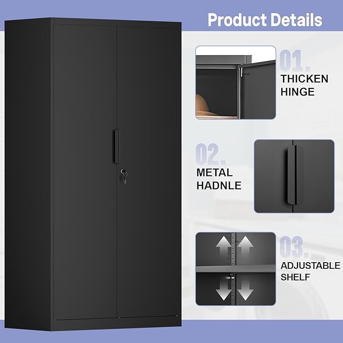 IRONFFICE Metal Storage Cabinet,Steel Armoire Wardrobe Closet with Adjustable Shelves,Hanging Rod,Almirah for Clothes,Locking Wardrobe Cabinet for Bedroom,Home,Black