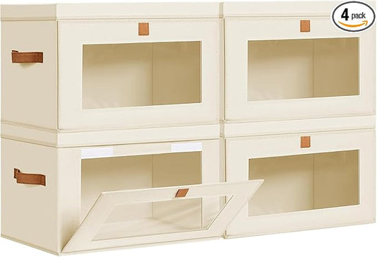 DIMJ Storage Bins with Lids - 4 Pack Large Fabric Closet Organizer with Window & Handles, Collapsible Decorative Storage Boxes for Shelves Under Bed, Books Clothes Blankets Sweaters Organization