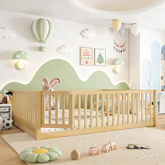 Bellemave Queen Size Montessori Floor Bed with 23.5" High Rails, Pine,Plywood Queen Floor Bed with Small Door, Natural