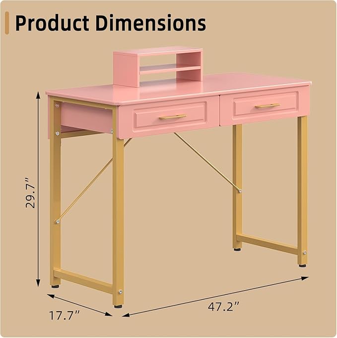 WESTREE Vanity Desk with 2 Drawers and Storage Shelf, Modern Makeup Table with Glossy Desktop, Gold Metal Frame Writing Desk for Bedroom or Home Office, No Mirror