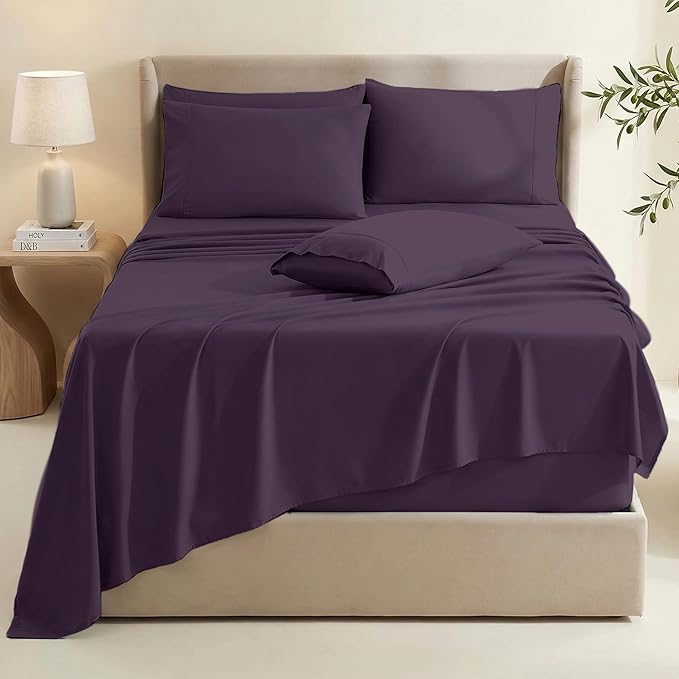 Hearth & Harbor Extra Deep Pocket Sheets - Fits Mattress 18-24 Inches Deep - Extra Deep Pocket Split King Size Sets - 7 Piece Split King Size - Eggplant