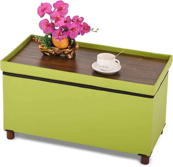 Dorriss Storage Ottoman for Living Room Ottoman with Tray Bedroom Foot Rest Stool with Legs Small Ottomans Coffee Table Foldable Footstool Faxu Leather (Light Green)