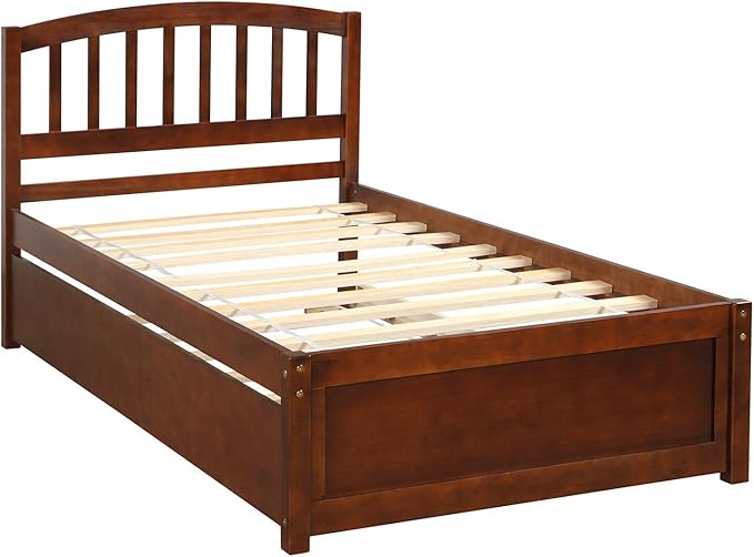 Ball & Cast Trundle Bed Twin,Twin Trundle Bed Frame Roll Out,Solid Wood Bed Frames with Headboard and Wooden Slats Support,for Bedroom,Guest Room,Apartment,Walnut