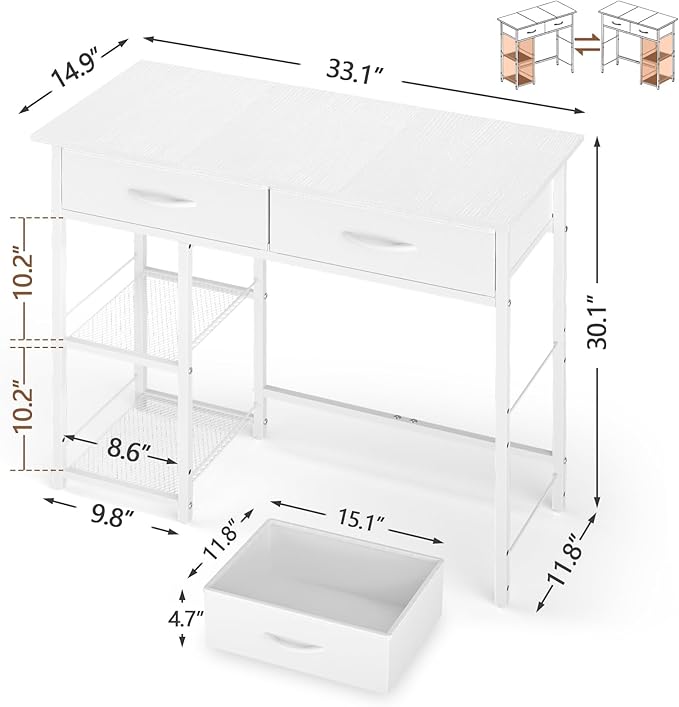 ThreeHio Small Writing Desk with 2 Drawers, White Computer Desk with Storage Shelf, Home Kids Study Table for Small Spaces, Simple Desk for Bedroom, Home Office, Living Room, Dorm, Vanity Desk, White