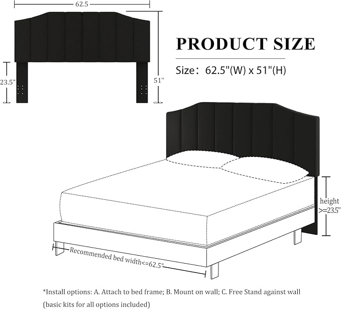 Furpopup Velvet Queen Size Headboard, Upholstered Headboard Queen/Full Size Wall Mount and Bed Frame Mount, Featuring High-Density Sponge Padding Luxury Texture Easy Assembly Comfort Style-Black
