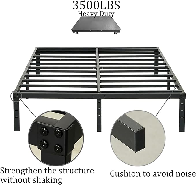 Wulanos Full Size Bed Frame 18 inch Tall, 3500lbs Heavy Duty Metal Platform with Steel Slats Support, No Box Spring Needed, 18-inch Bedframe with Ample Storage, Sturdy and Noise-Free, Black