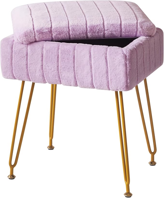 IBUYKE Stool Chair with Storage Space, Footrest Footstool Ottoman, Small Side Table, with 4 Metal Legs, with Anti-Slip Feet, for Makeup Room, Bedroom, Purple LG-50V