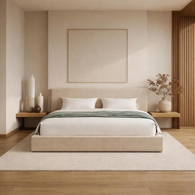 Square Bed – Washable Cover - Soft Upholstered Linen - Minimalist Modern - Sold Separately (Waterproof Beige Linen, Queen Headboard)