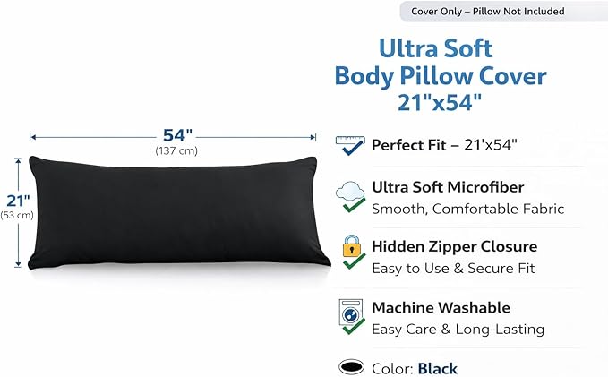 EVOLIVE Ultra Soft Body Pillow Cover 21"x54", Cozy Microfiber Pillowcase with Hidden Zipper, Breathable, Perfect for Pregnancy & Side Sleepers, Cover Only (21"x54" Body Pillow Cover, Black)