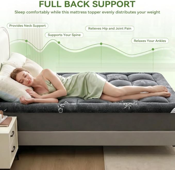 BDEUS Full Mattress Topper Viscose Derived from Bamboo, 100% Waterproof Thick Pillow Top Mattress Pad for Back Pain Relief, Naturally Cooling for Hot Sleepers, Grey