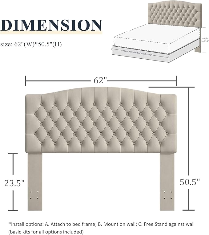 Befurtori Queen Headboard Only, Upholstered Head Board for Adjustable Bed Velvet Tufted Queen/Full Size Wall Mounted Headboard with Solid Wood Legs Head Board, Light Warm Gray/Taupe