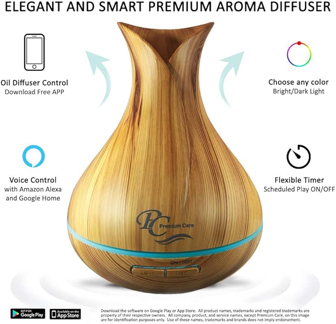 Sierra Modern Home Smart WiFi Humidifier - Aromatherapy Essential Oil Diffusers with App Control & Voice Control - Works with Alexa & Google Home - 400ml Ultrasonic Diffuser & Humidifier - Light Brown