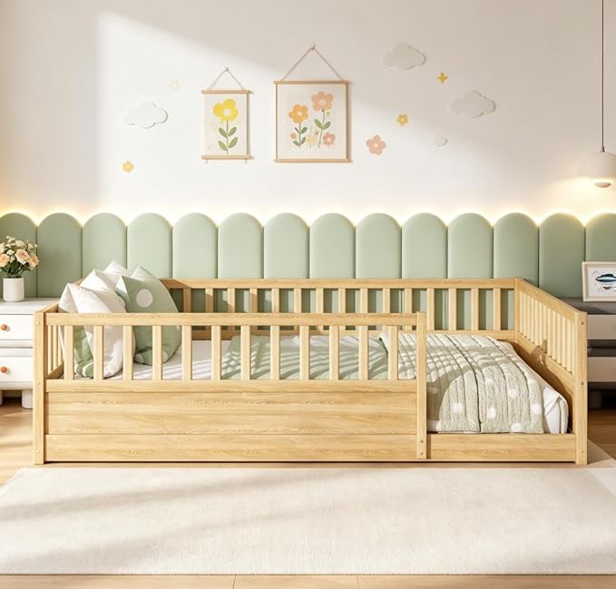 Bellemave Queen Floor Bed with high Fence, Solid Pine Wood Montessori Bed for Kids Girls Boys Floor Bed Frame, Natural with slats