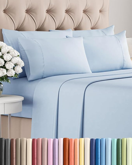 Cal King 6 Piece Sheet Set - Comfy Breathable & Cooling - Hotel Luxury Bedding for Women, Men, Kids, Teens & Children - 1 Flat & 1 Fitted Sheet & 4 Pillowcases w/ Deep Pockets, Wrinkle Free - Sky Blue