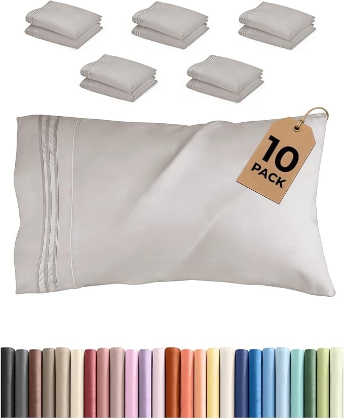 Queen Pillow Cases Set of 10 - Ultra Soft Hotel Quality Pillowcase Covers - Comfy, Cozy & Wrinkle Free - Shrink, Stain & Fade Resistant - Machine Washable Pillow Protectors - 10 Piece Set - Light Grey