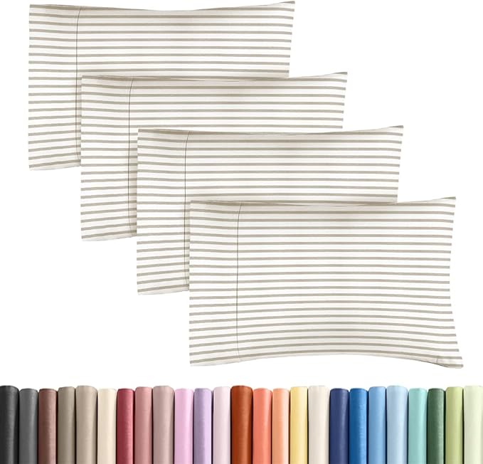 Standard Pillow Cases Set of 4 - Soft Hotel Quality Pillowcase Covers - Comfy, Cozy Bedding for Women, Men, Kids & Teens - Machine Washable Pillow Protectors - 4 Piece - Standard Size Beige Stripes