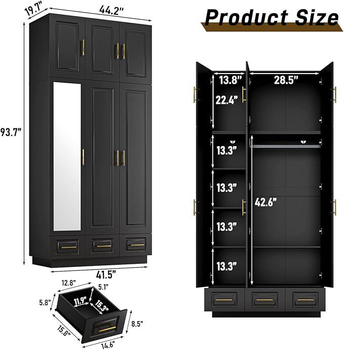 Hlivelood Large Armoire Wardrobe Closet Cabinet with Drawers and LED Lights, Multi-Tier Shelves, Hanging Rod, Large Capacity Storage 3 Door Wardrobe Armoire with Top Cabinet for Bedroom, Black