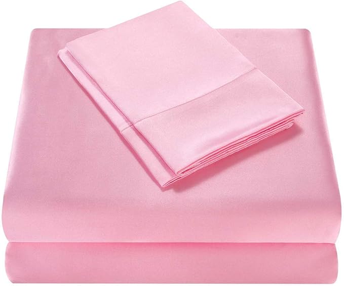 Homiest 4pcs Satin Sheets Set Luxury Silky Satin Bedding Set with Deep Pocket, 1 Fitted Sheet + 1 Flat Sheet + 2 Pillowcases (Full Size, Pink)