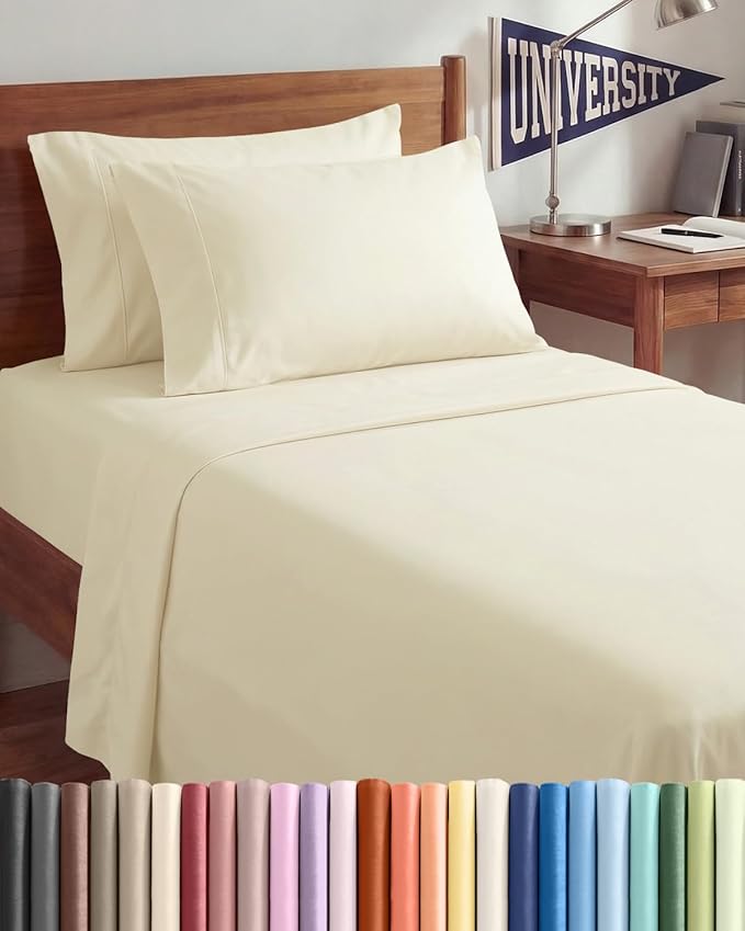 Twin XL 4 Piece Sheet Set - Comfy Breathable & Cooling - Hotel Luxury Bedding for Women, Men, Kids, Teens & Children - 1 Flat & 1 Fitted Sheet & 2 Pillowcases w/ Deep Pockets, Wrinkle Free - Off White