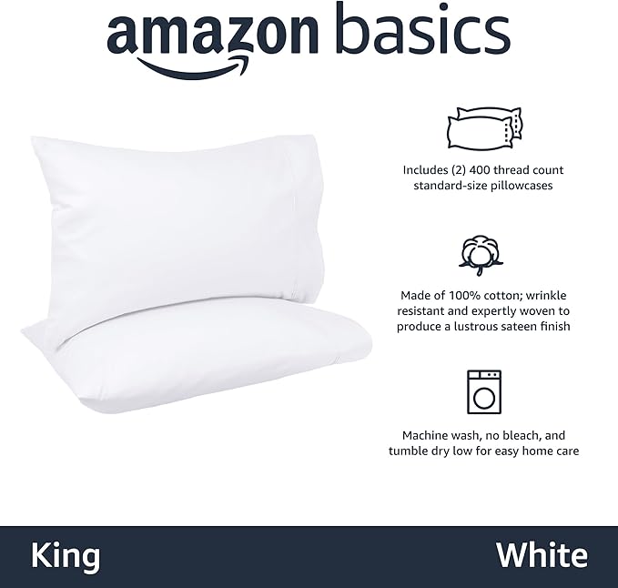 Amazon Basics 400 Thread Count Soft 100% Cotton Pillow Cases, Wrinkle Resistant, Sateen Weave, King Size, 40" x 20", Machine Washable, White, Set of 2, Pillows Not Included