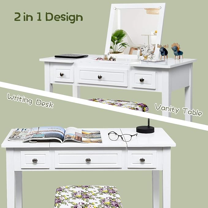 CHARMAID Makeup Vanity Desk with Flip Top Mirror, 3 Drawers, 7 Storage Compartments, White Writing Desk Dressing Table Vanity Set with Cushioned Stool for Girls Women, Easy Assembly