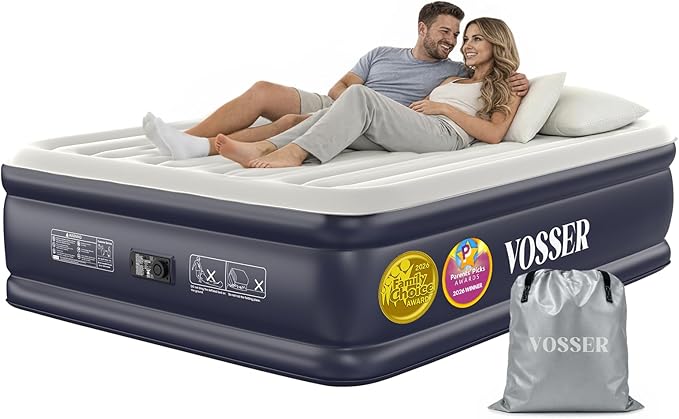 VOSSER Air Mattress Queen with Built-in Pump, 18" Raised Inflatable Blow Up Mattress,Upgraded Heavy Duty Portable Air Bed for Home,Guests,Floor & Camping, Self Inflating Colchon Inflable for Adults