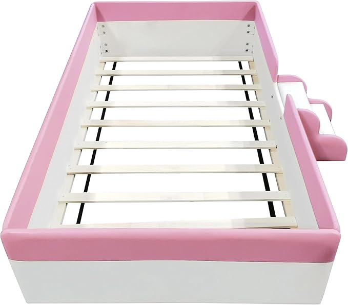 Merax Twin Size Kids Floor Bed, Upholstered Kids Daybed Frame with Fence and Stairs, Wood Bed for Living Room, White+Pink