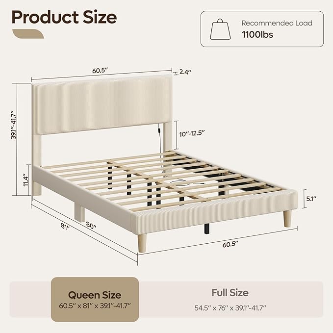 Bestier Queen Bed Frame with Headboard,Platform Queen Size Bed Frame with LED Lighting,Bed Frame Wooden Slats Support,No Box Spring Needed,Never Squeaks, Easy Assembly,Beige