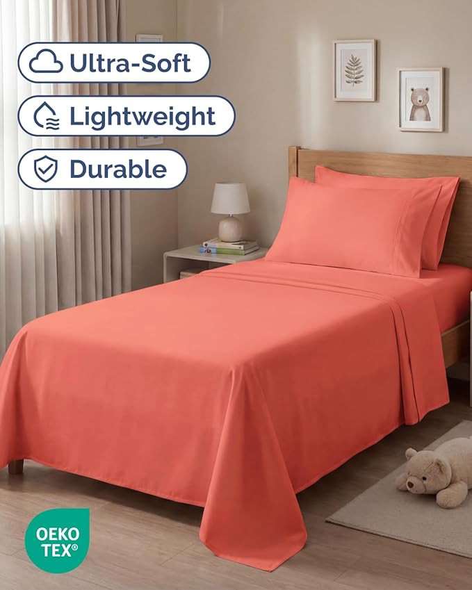 Twin 4 Piece Sheet Set - Comfy, Breathable & Cooling - Soft Hotel Luxury Bedding for Women, Men, Kids, Teens & Children - 1 Flat & 1 Fitted Sheet & 2 Pillowcases w/ Deep Pockets - Wrinkle Free - Coral