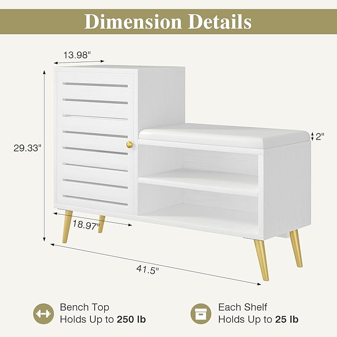 VECELO Shoe Storage Bench with Door&Shelf, Entryway Bench with Seat Cushion, for Hallway, Bedroom, Living Room, L-Shaped, White