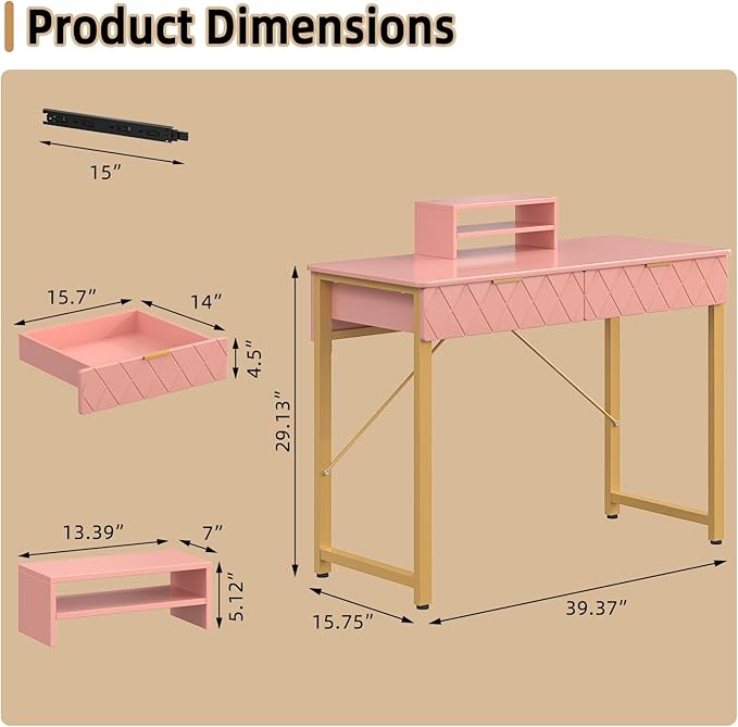 WESTREE Vanity Desk with 2 Drawers and Storage Shelf, Modern Makeup Table with Glossy Desktop, Gold Metal Frame Writing Desk for Bedroom or Home Office, No Mirror