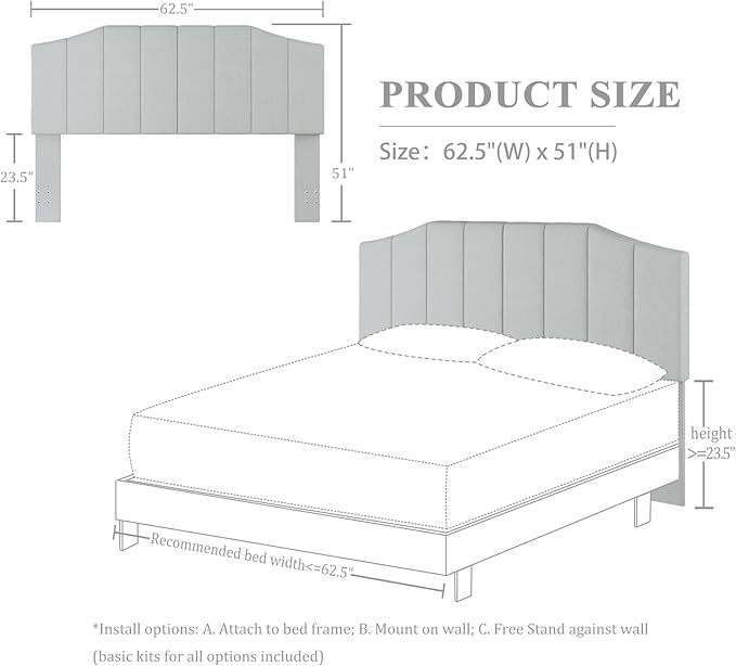 Furpopup Frosted Velvet Queen Size Headboard, Upholstered Headboard Queen/Full Size Wall Mount and Bed Frame Mount, Featuring High-Density Sponge Padding Easy Assembly Comfort Style-Light Gray