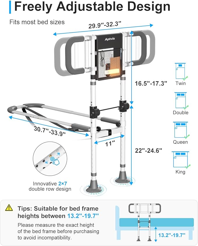 Bed Rails for Elderly Adults Safety - ASTM Compliant, 350 lb Heavy Duty Foldable Bed Assist Rail for Seniors, Adjustable Bed Cane with Non Slip Handle, Light & Pouch, Fits Twin Full Queen King Grey