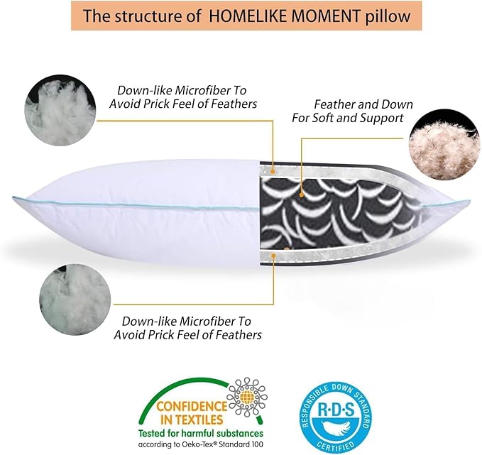Homelike Moment Down Feather Pillows Queen - 2 Pack Feather Bed Pillows for Sleeping Queen Size Pillow Set of 2 100% Cotton Cover 20x30 Inch