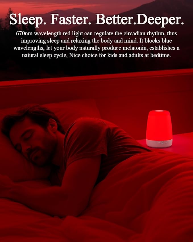 Red Light Night Light for Bedroom - 670nm Sleep-Enhancing Lamp, 2 Color Mode, 3 Brightness Level, Touch Control, 2H Timer, Memory Function, USB Charging, Sleep Christmas Gift for Adults&Kids