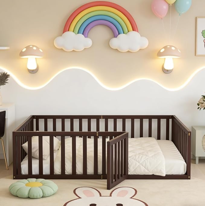 Bellemave Full Size Montessori Floor Bed with 21.7" High Rails, Pine,Plywood Floor Bed with Small Door, Walnut