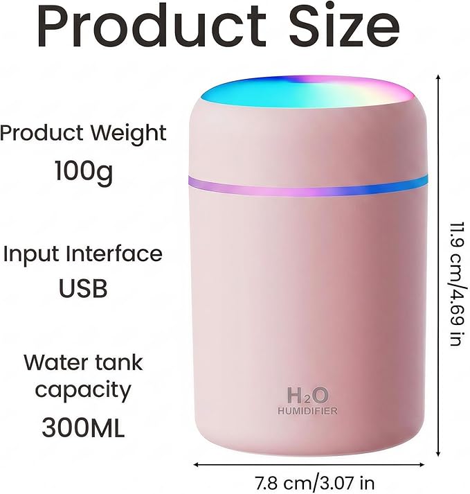 Portable Colorful Cool Mini Humidifier,Aroma Essential USB Personal Desktop Humidifier, for Bedroom, Office & Car(300ml, White) (pink)