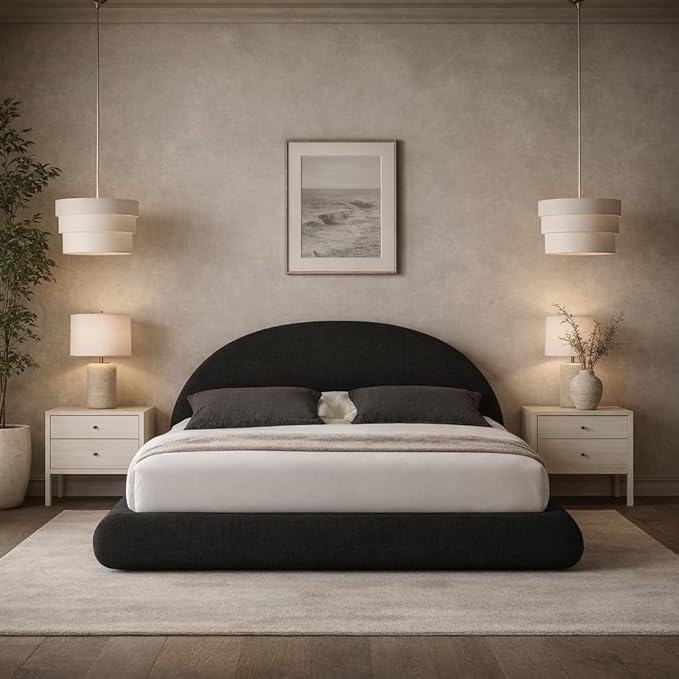 Round Bed – Washable Zip Cover - Upholstered Linen Soft Foam - Modular Minimalist Modern - Half Circle Moon - Sold Sold Separately (Waterproof Black Linen, Queen Headboard)