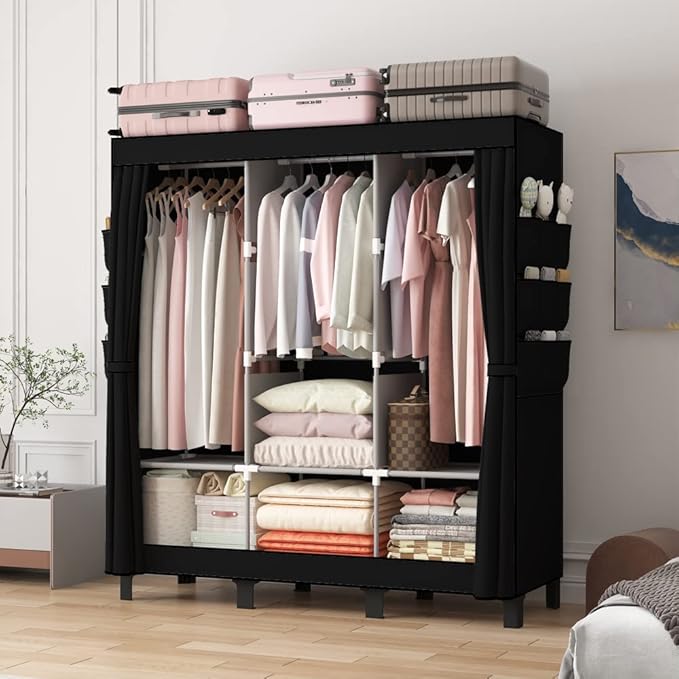 Portable Closet, 51.18" Large Capacity Clothing Storage Organizer with 3 Hanging Rods 6 Shelves 18 Side Pockets, Dustproof Sturdy Wardrobe for Bedroom Dorm Rental Apartment(Black, Large)