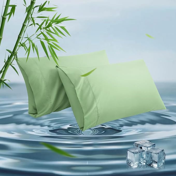 Queen Pillowcases, Cooling Viscose from Bamboo Pillow Covers with Envelope Closure, Soft Moisture-Wicking for Hot Sleepers, Hair and Skin-Friendly, Green, 2 Pack