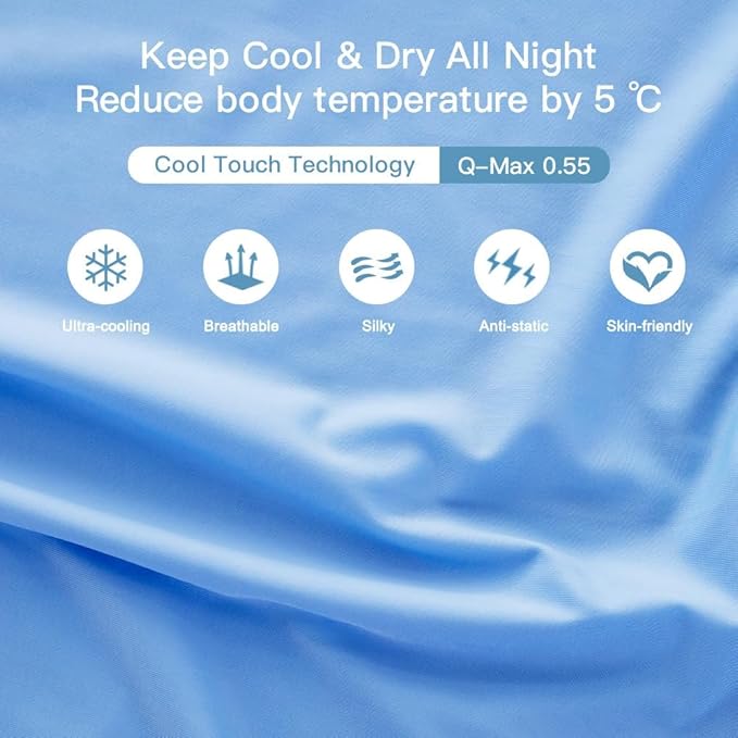 Elegear Cooling Pillow Cases for Hot Sleepers, Japanese Q-Max>0.55 Arc-Chill Cooling Pillowcases, Double Sided Elastic Cooling Pillow Covers with Hidden Zipper, Set of 2-Stretch Blue King (20" x 36")