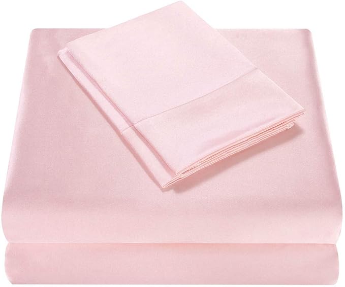 Homiest 4pcs Satin Sheets Set Luxury Silky Satin Bedding Set with Deep Pocket, 1 Fitted Sheet + 1 Flat Sheet + 2 Pillowcases (King Size, Blush Pink)