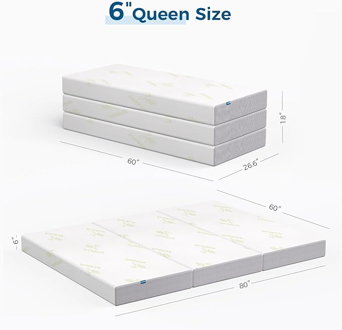 Inofia 6 Inch Folding Mattress, Memory Foam Tri-fold Mattress with Removable Cover, Foldable Floor Bed, Medium Firm, Queen Size (80" x 60" x 6")