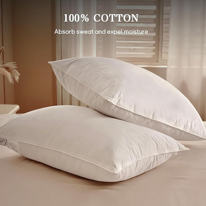 BHZ Goose Down Feather Pillows Queen Size Set of 4, Luxury Hotel Alternative Collection Bed Pillows for Sleeping Firm Soft Support for Side & Back Sleepers, White