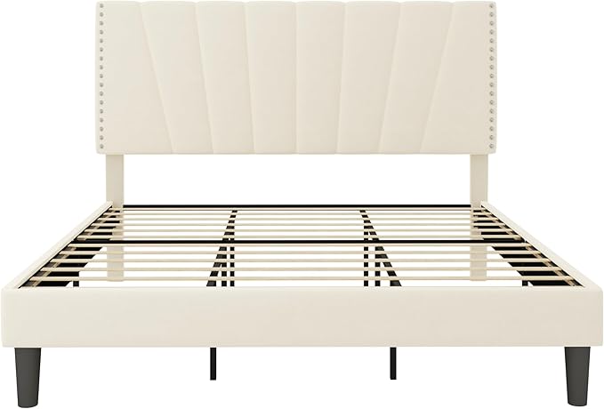 Allewie King Size Bed Frame with Adjustable Velvet Upholstered Headboard, Rivet-Style Nailhead Trim Detail Platform Bed Frame, Wooden Slat Support, No Box Spring Needed, Easy Assembly, Cream