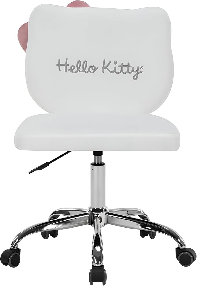 Impressions Vanity Hello Kitty Kawaii Swivel Vanity Chair for Makeup Room, Adjustable Height Desk Chair with Wheels Rolling, Comfy Foam Back (White)